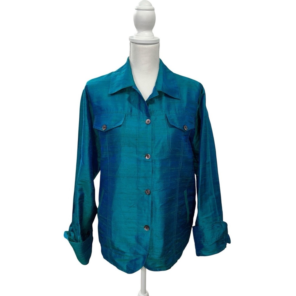 VTG ANU by Natural Silk Jacket XL Teal Blue Iridescent Shantung Top‎ Art To Wear